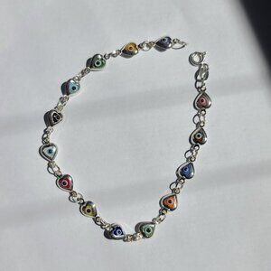 Sterling Silver Evil Eye Heart Charm Bracelet 7 inch Multicolor Protection
